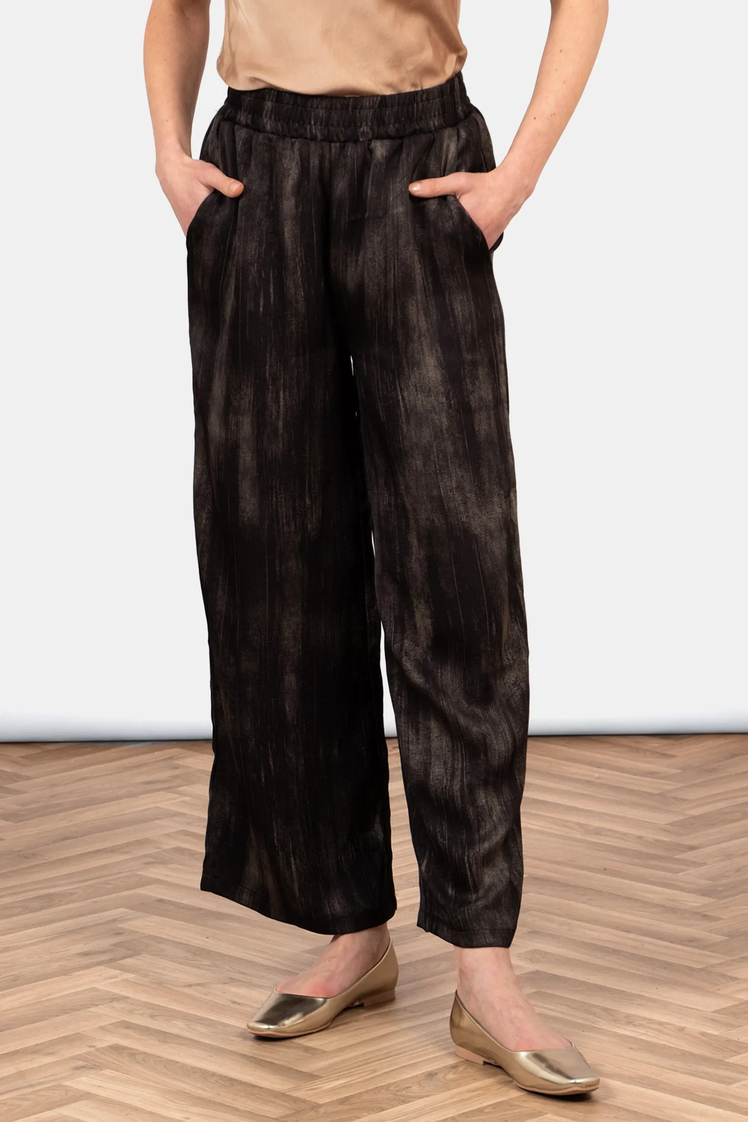 Carter Wide Leg Trousers - Black/Gold, Metallic Brushstroke