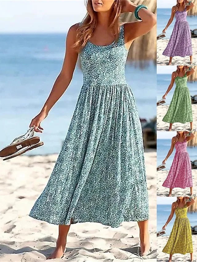 Casual Dress Sundress Floral Dress Ditsy Floral Ruched Print Strap Midi Dress Fashion Streetwear Street Daily Sleeveless Regular Fit Pink Purple Gold Summer Spring S M L XL XXL for Women