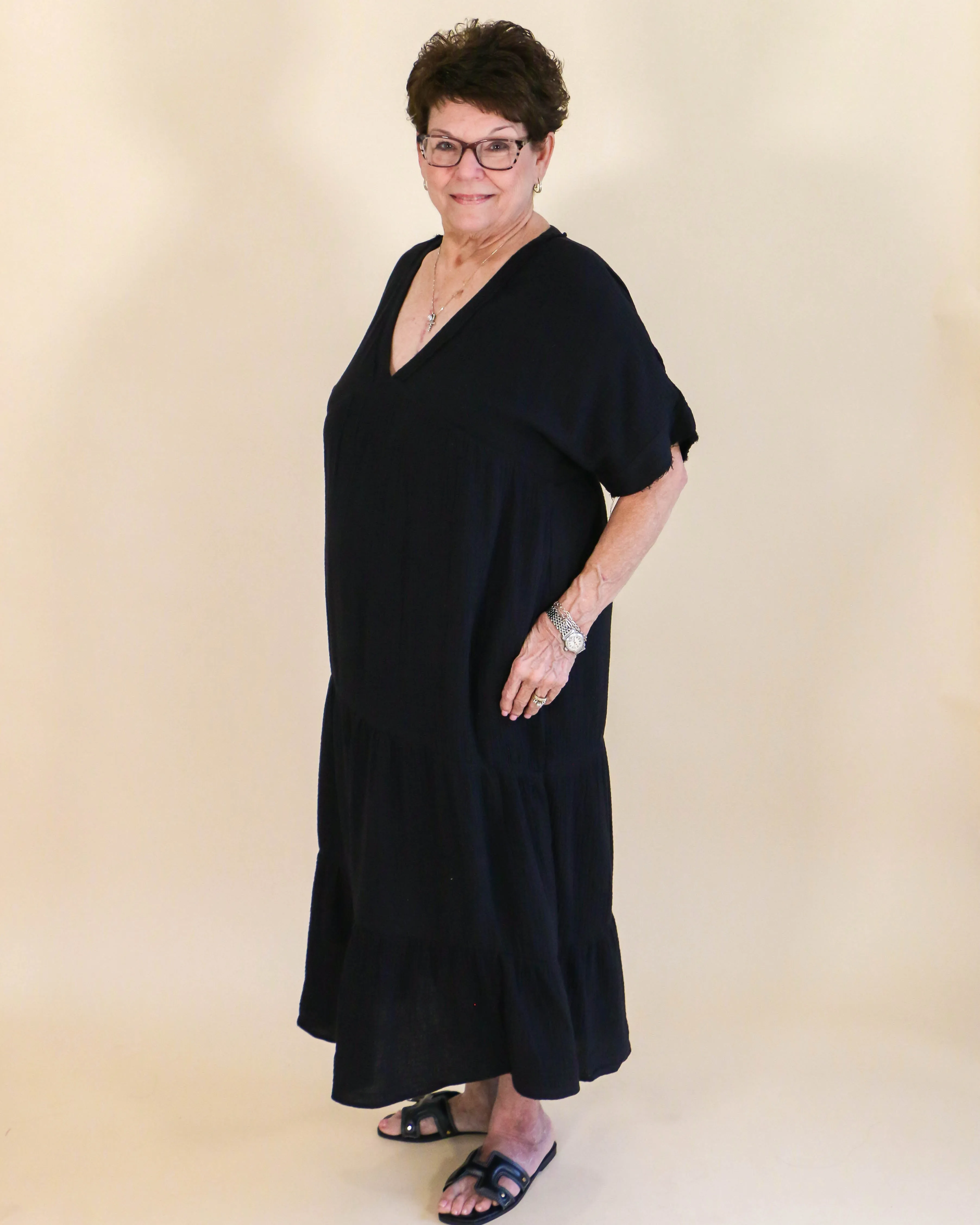 Frayed Detail Soft Crinkle Gauze Midi Dress