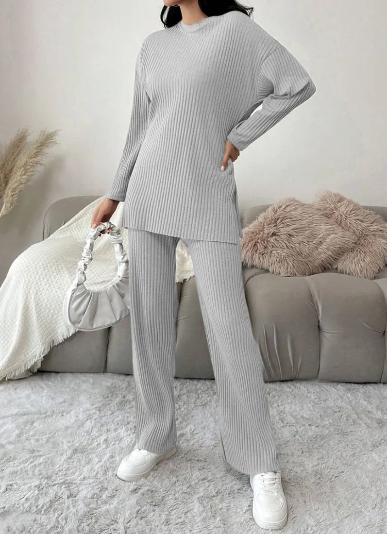 Light Grey Cotton Ribbed Co-Ord Set