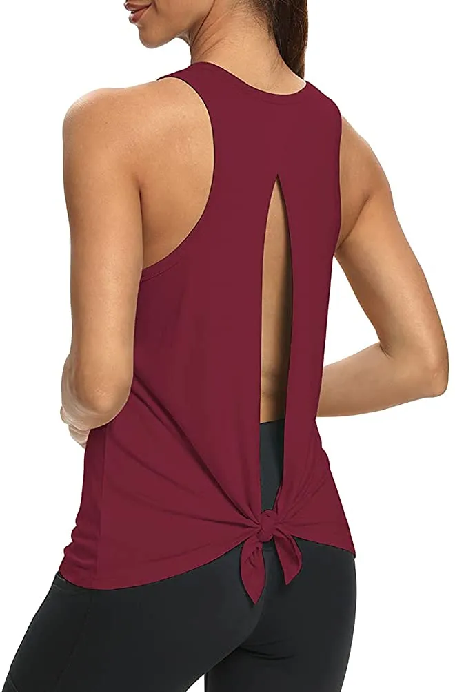 Mippo Womens Open Back Workout Yoga Shirts Sleeveless/Short Sleeve Tie Back Tops