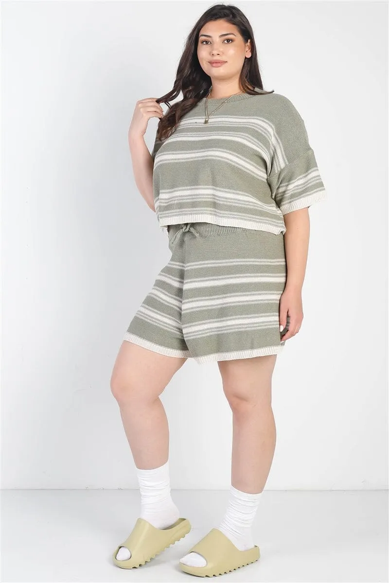 Plus Size Olive Green  Striped Knit Short Sleeve Crop Top High Waist Shorts Set