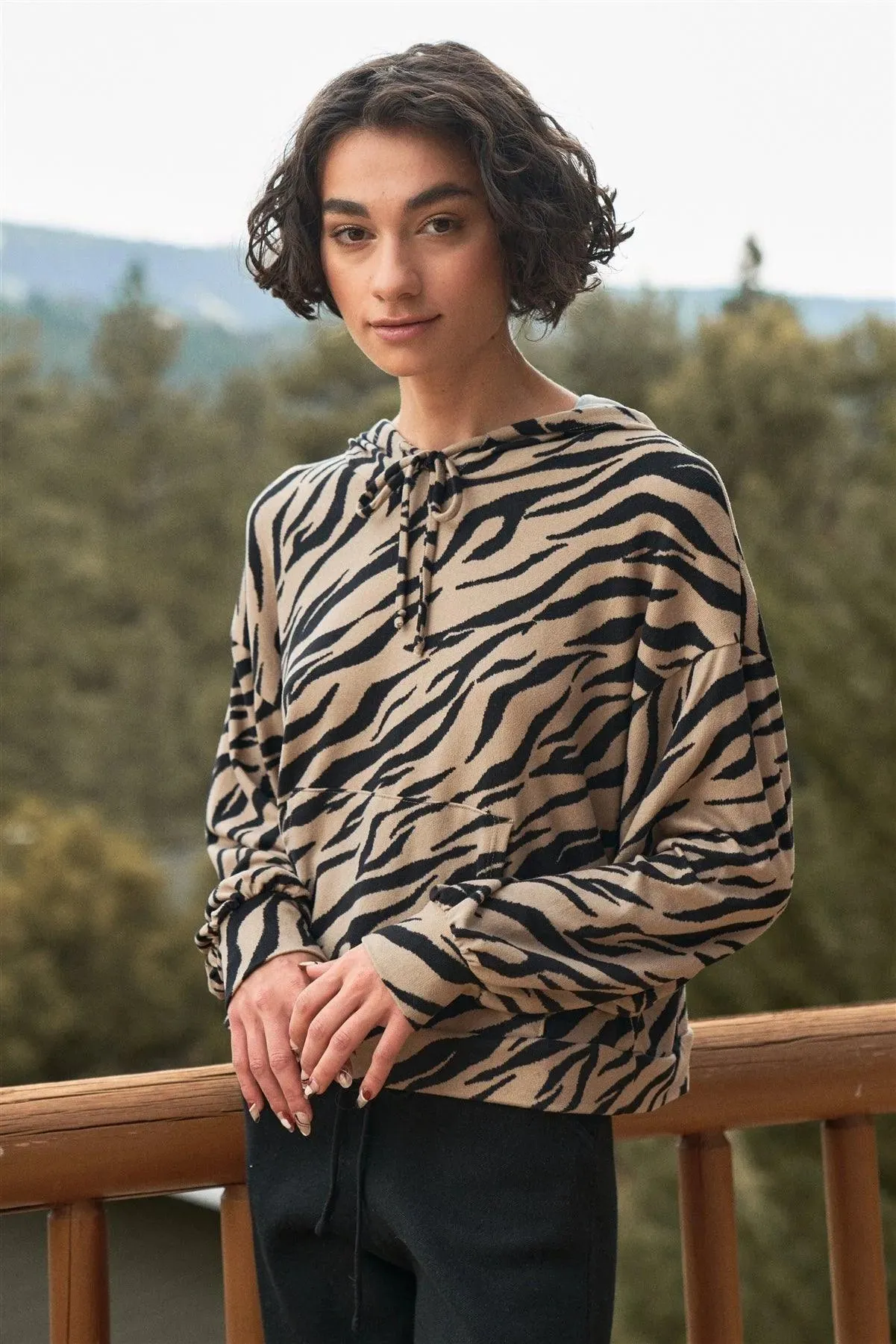 Taupe & Black Tiger Print Kangaroo Front Pocket Detail Relaxed Hooded Sweatshirt /3-2-1
