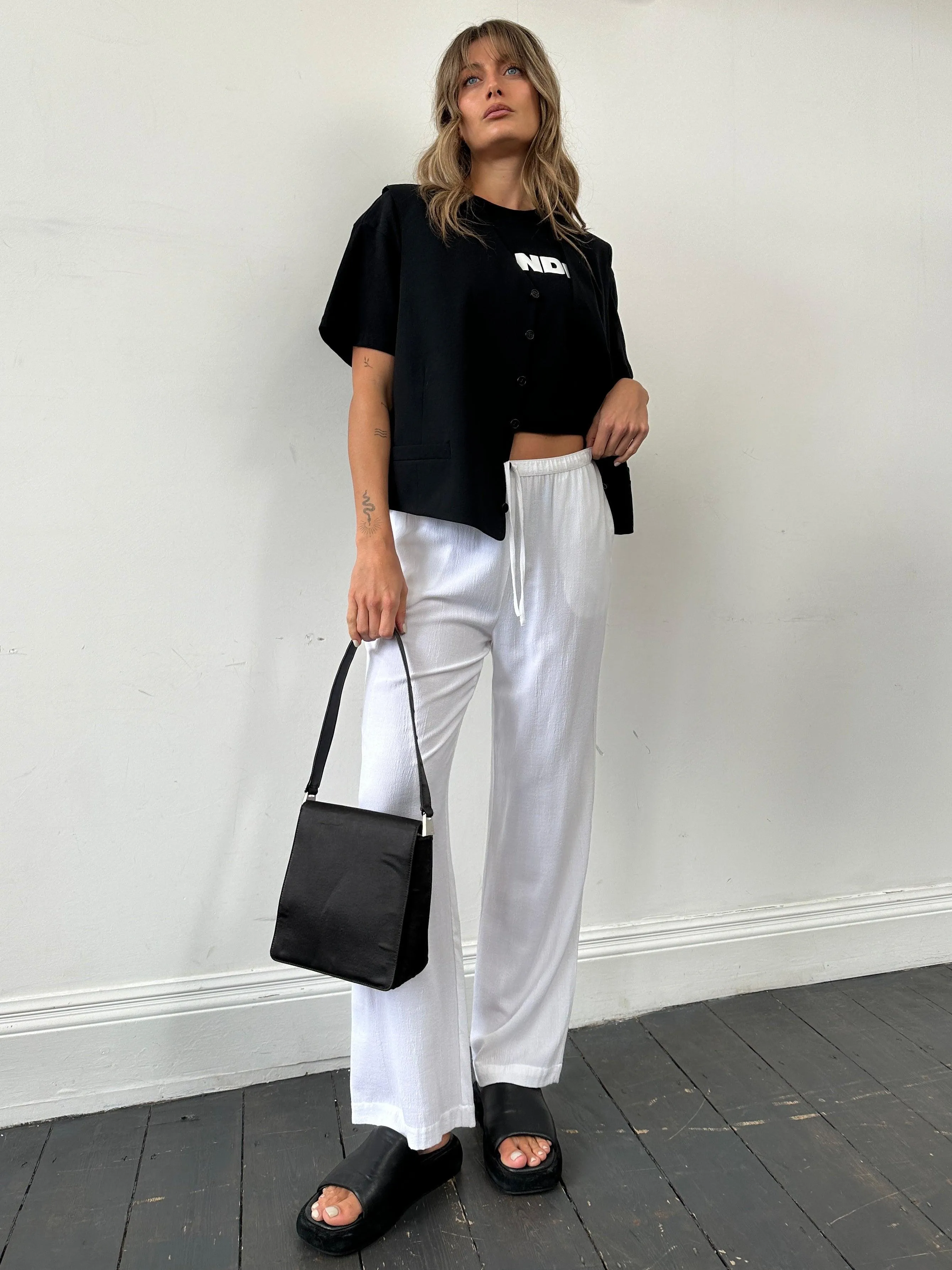 Vintage Wide Leg Pull On Elasticated Crinkle Effect Trousers - W28-32